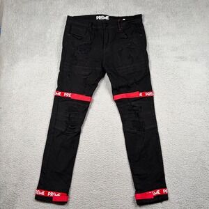 Preme Mens Black Distressed Denim Jeans Red Logo Straps 36x32 Streetwear Skater